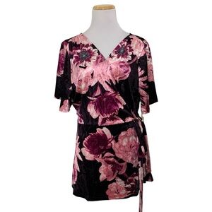 NWT Kiyonna Velvet True Wrap Tunic Top Women’s 2X Floral Pink Plus Size Tie Bow